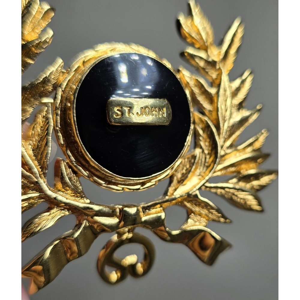 Rare Vintage ST. JOHN Maltese Gold Plated Black Enamel Dangle Logo Pin Brooch